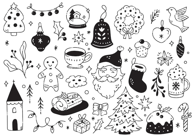 Collection de dessins dessinés de Noël Symboles et icônes de vacances dessinés à la main