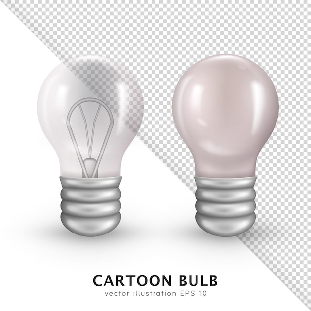 Collection de deux ampoules à incandescence 3d. Ampoules rétro blanches et transparentes de dessin animé de vecteur