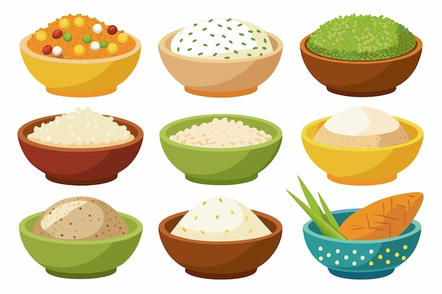 une collection de différentes images de différents aliments, y compris le riz et les légumes