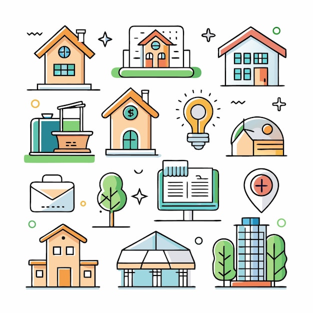 une collection de différentes maisons avec un fond bleu et un signe qui dit la maison