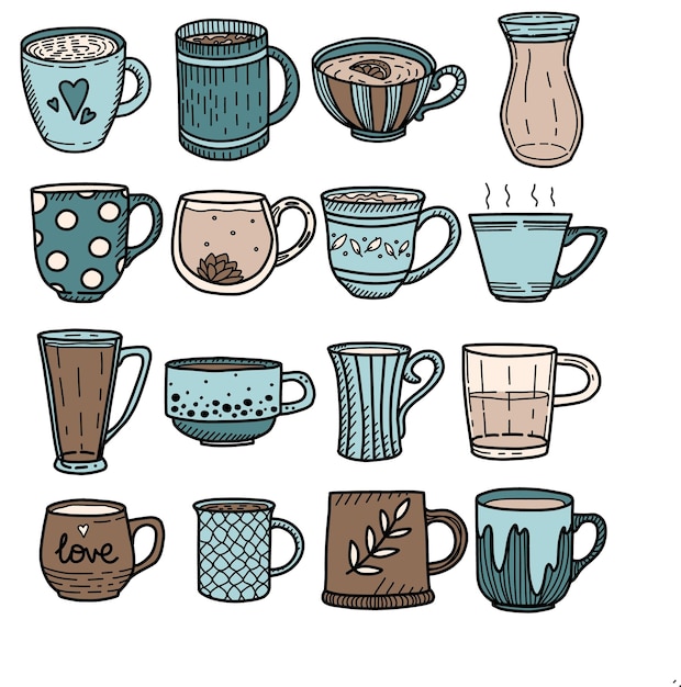 Collection de différentes tasses de doodle décorées avec des éléments de conception Ensemble vectoriel de tasses colorées