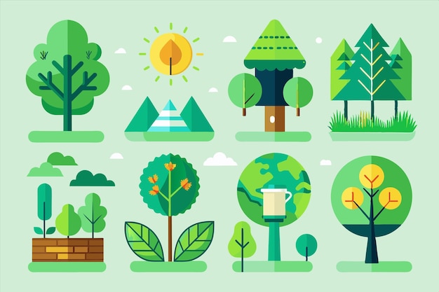 une collection de différents arbres et plantes avec le soleil et les arbres