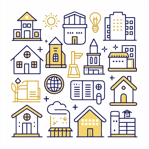 une collection de différents bâtiments et bâtiments avec un logo bleu et jaune