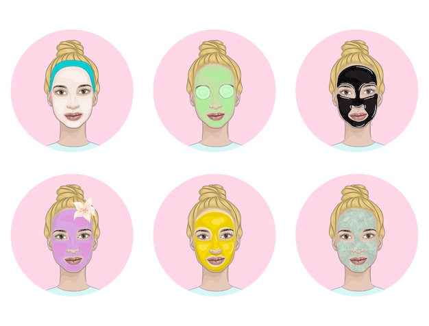 Collection de différents masques de beauté sur un visage de femme blonde.