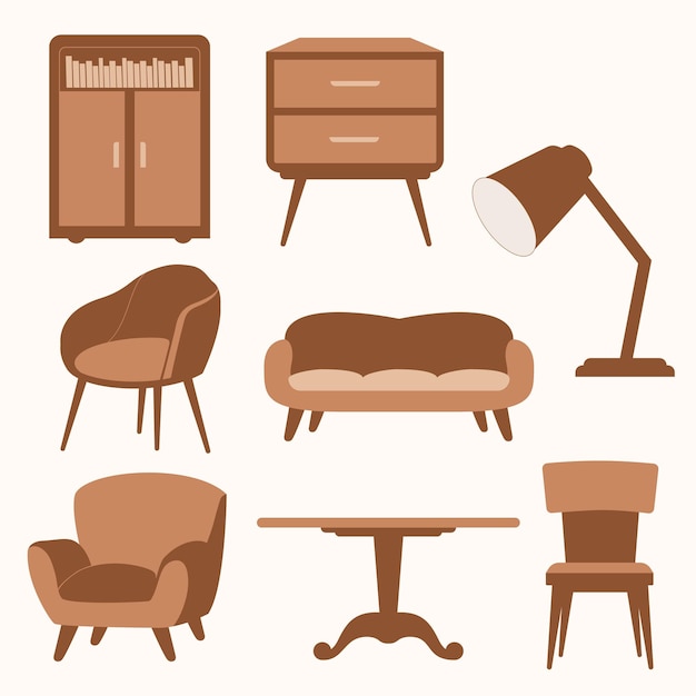 Vecteur une collection de différents meubles et objets.