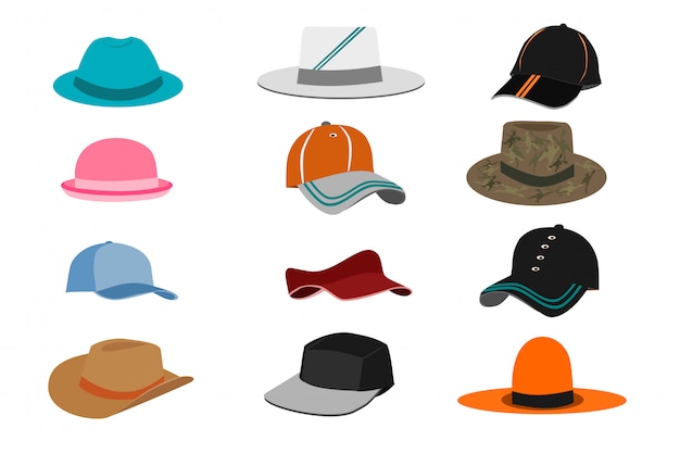 Collection de différents types de chapeaux sur fond blanc