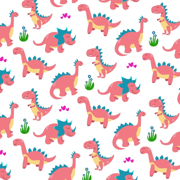 Collection de dinosaures mignons fond de vecteur de motif de couleur rose pour l'impression