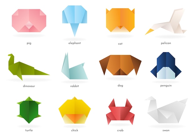 Vecteur collection de divers animaux et oiseaux en origami aux couleurs dégradées vibrantes art vectoriel