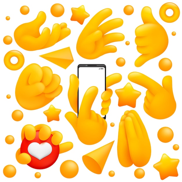 Vecteur collection de divers symboles de main jaune emoji avec signe de prière, balayage de smartphone et autres gestes. style de dessin animé 3d.