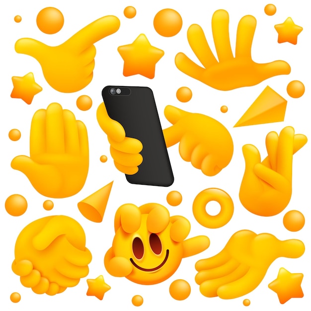 Collection de divers symboles de main jaune emoji avec smartphone, signe de poignée de main et autres gestes. Style de dessin animé 3D.