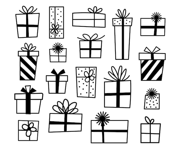 Collection de doodles de boîtes de cadeaux de Noël Cadeau de Noël avec ruban Vector de décoration de Noël