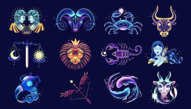 Collection de douze signes du zodiaque au néon