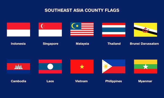 Collection De Drapeaux Des Pays D'asie Du Sud-est, Indonésie, Singapour, Malaisie, Thaïlande, Brunei,