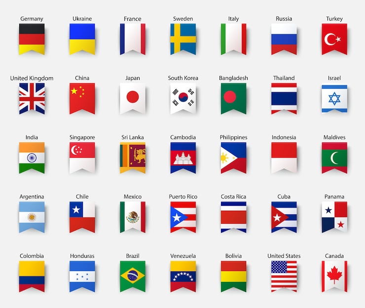 Vecteur collection de drapeaux de pays dans un style réaliste