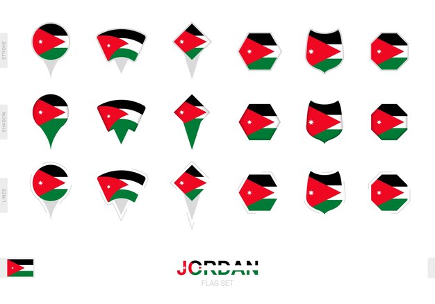 Vecteur collection du drapeau jordanien en différentes formes et avec trois effets différents