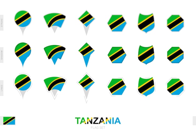 Vecteur collection du drapeau tanzanien en différentes formes et avec trois effets différents