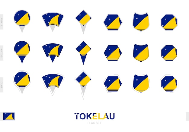 Vecteur collection du drapeau des tokélaou en différentes formes et avec trois effets différents