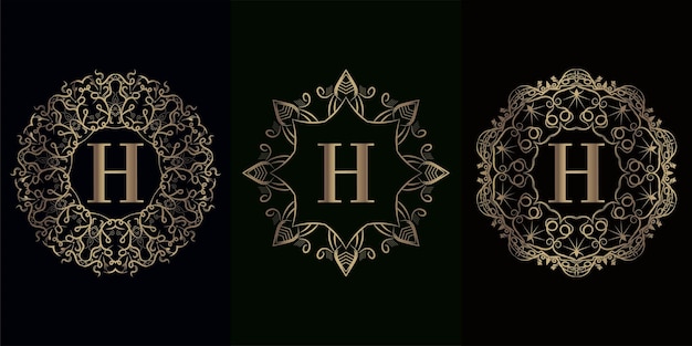 Vecteur collection du logo initial h avec cadre d'ornement de mandala de luxe