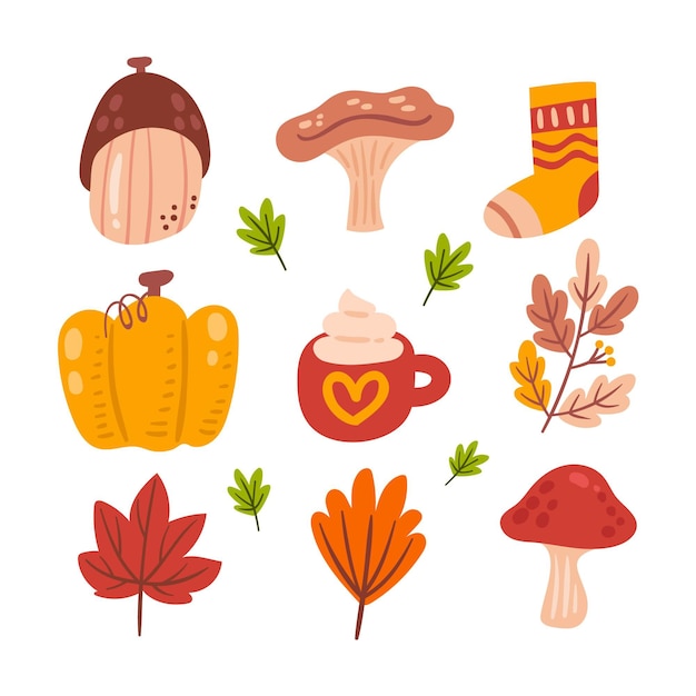 Collection d'éléments d'automne plats dessinés à la main
