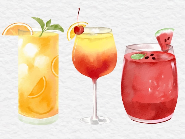Vecteur collection d'éléments de boissons et de boissons à l'aquarelle sertie de jus de melon d'eau cocktail