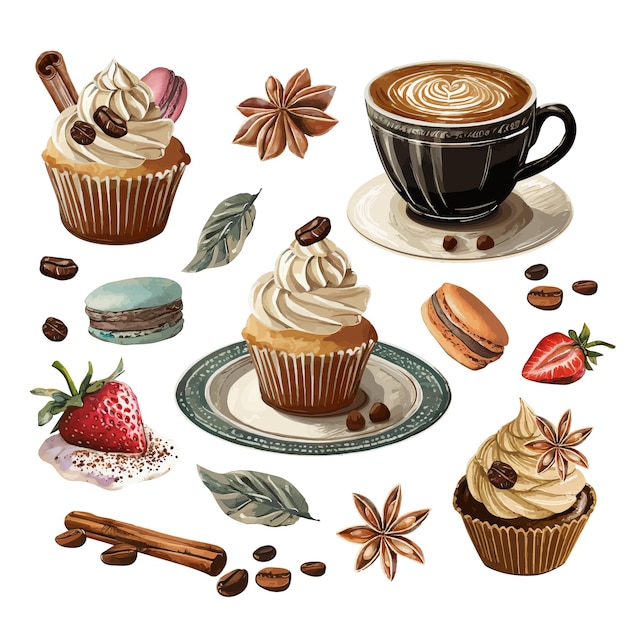 Collection D'éléments De Café Et De Cupcake Avec Des Fruits, Des Bonbons Et De La Boulangerie