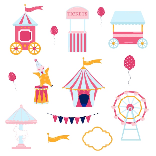 Collection d'éléments cirque rose Tente clown billetterie