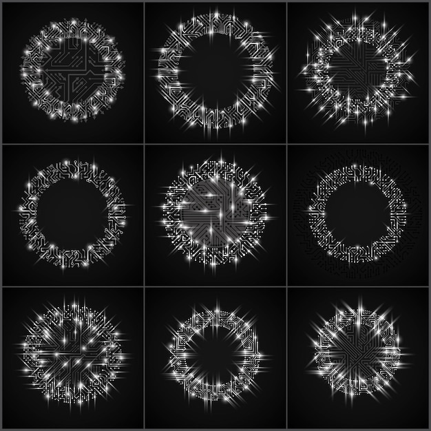 Collection d'éléments cybernétiques luminescents de communication technologique. Ensemble de circuits imprimés vectoriels brillants abstraits en forme de cercles avec effet brillant.