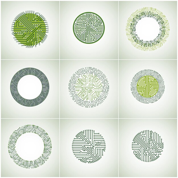 Collection d'éléments cybernétiques verts de communication technologique avec des flèches. Ensemble de circuits imprimés vectoriels abstraits en forme de cercles.