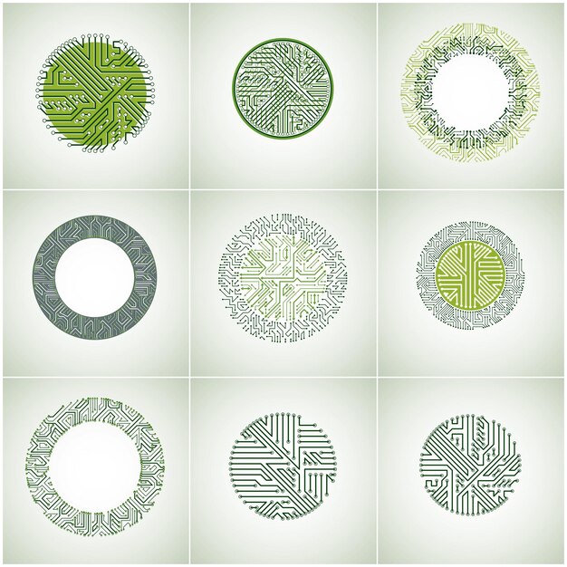 Vecteur collection d'éléments cybernétiques verts de communication technologique avec des flèches. ensemble de circuits imprimés vectoriels abstraits en forme de cercles.