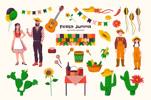 Collection d'éléments dessinés à la main de festa junina