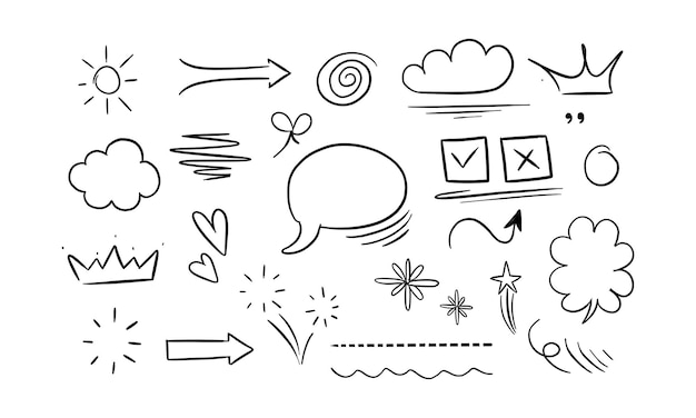 Collection d'éléments de Doodle en noir et blanc dessinés à la main