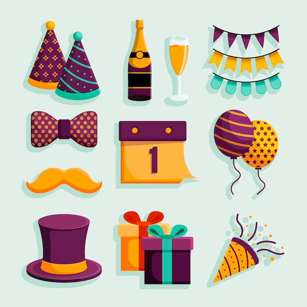 Collection d'éléments de fête de nouvel an design plat
