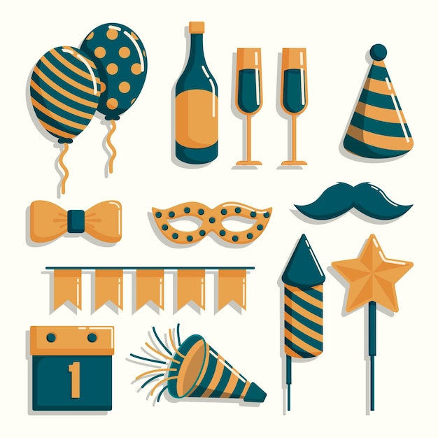 Collection d'éléments de fête de nouvel an design plat