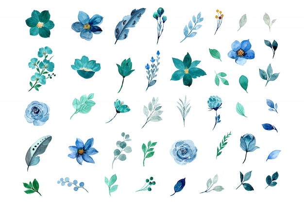 Collection D'éléments Floraux Verts Et Bleus Avec Aquarelle