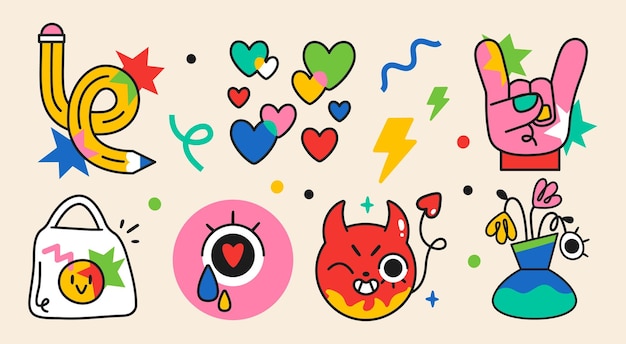 Collection d'éléments et de formes de personnages de bandes dessinées abstraits fous Couleurs vives Style de bande dessinée