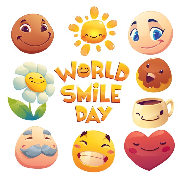 Collection d'éléments de la journée mondiale du sourire de dessin animé