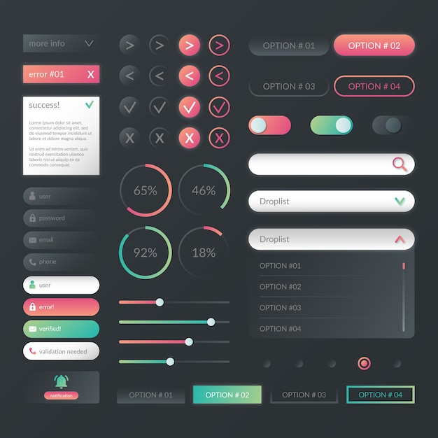 Vecteur collection d'éléments de kit d'interface utilisateur dégradé