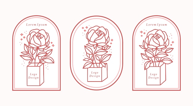 Collection D'éléments De Logo Beauté Féminine Dessinés à La Main Avec Fleur Rose Botanique
