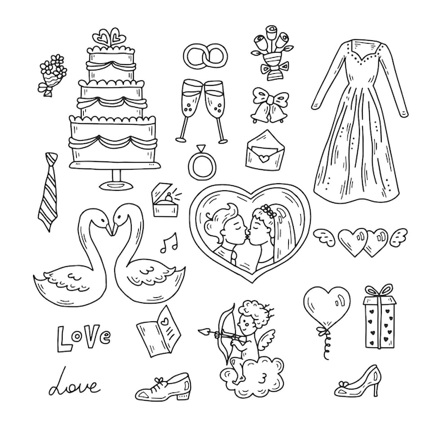 Vecteur collection d'éléments de mariage doodle