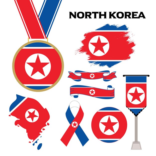 Collection d'éléments avec le modèle de conception du drapeau de la Corée du Nord. Drapeau de la Corée du Nord, rubans, médaille