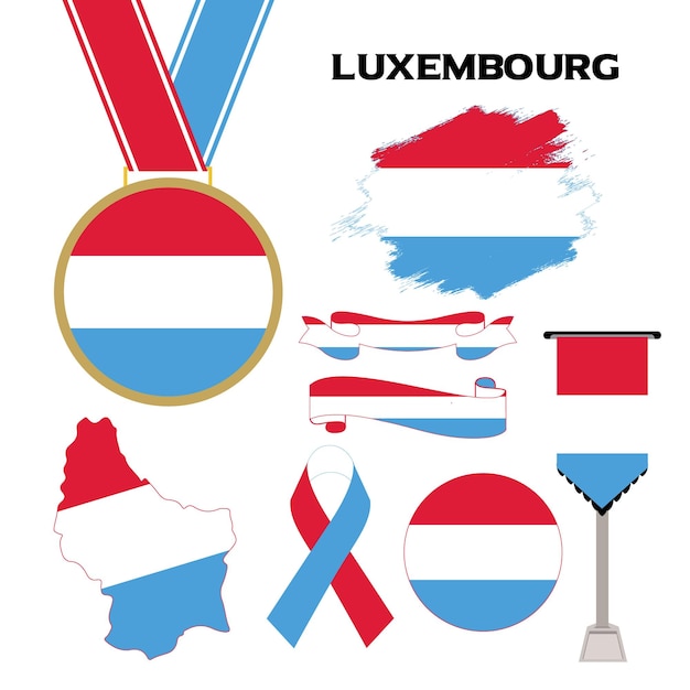 Vecteur collection d'éléments avec le modèle de conception du drapeau du luxembourg. drapeau luxembourgeois, rubans, médaille