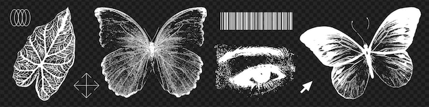 Collection d'éléments naturels à la mode avec un effet de photocopie rétro images négatives de feuilles de papillons