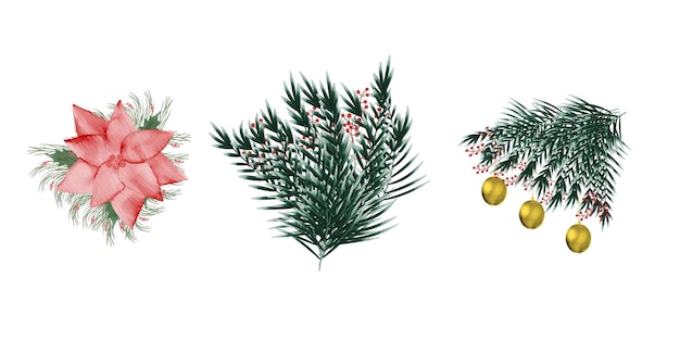 Vecteur collection d'éléments de noël aquarelle bannière florale de noël