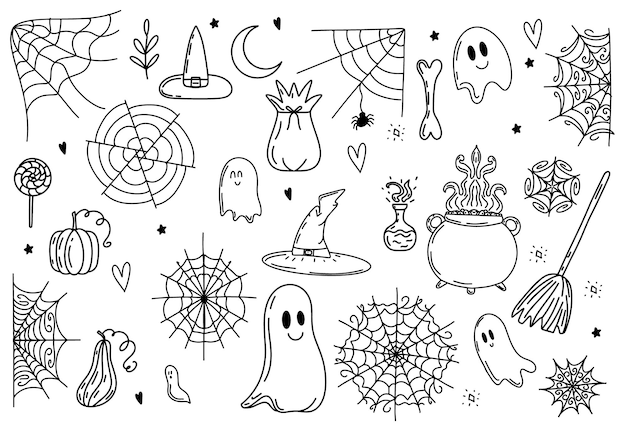 Collection D'éléments Pour La Conception D'halloween Illustrations Linéaires Mignonnes De Toiles D'araignées