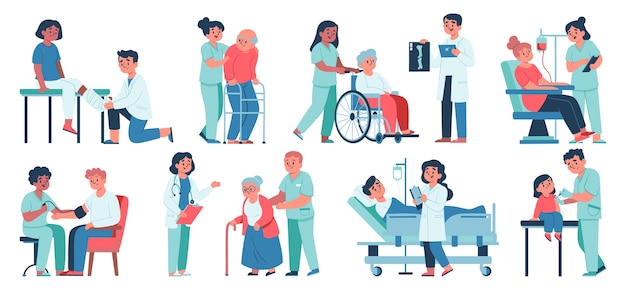 Collection d'éléments de soins infirmiers plats dessinés à la main