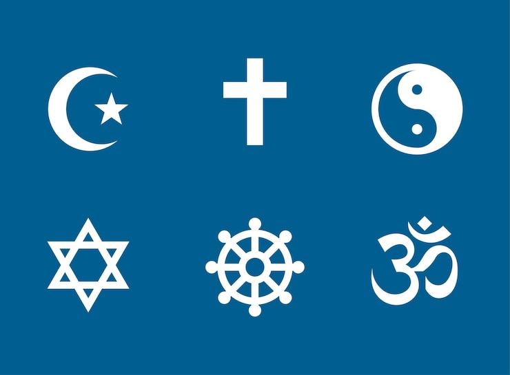 Collection d'éléments de symboles de religion variés d'une couleur