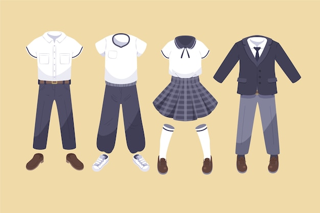 Collection d'éléments d'uniformes scolaires dessinés à la main