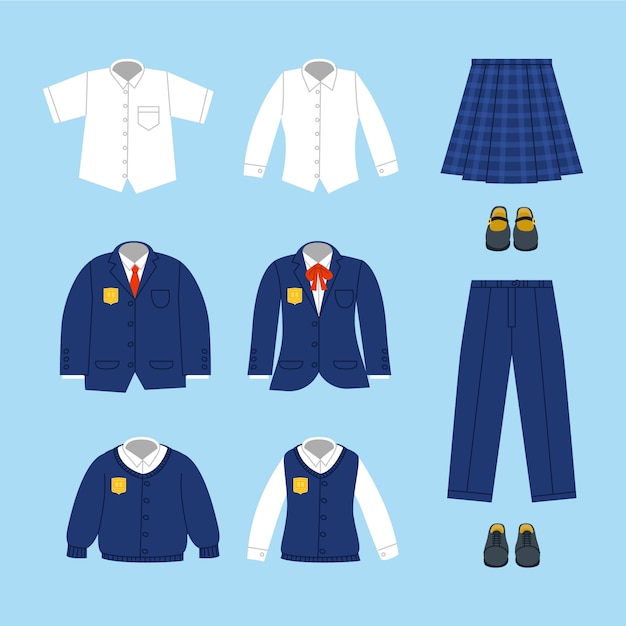 Collection d'éléments d'uniformes scolaires dessinés à la main