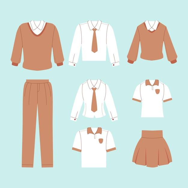 Collection d'éléments d'uniformes scolaires dessinés à la main