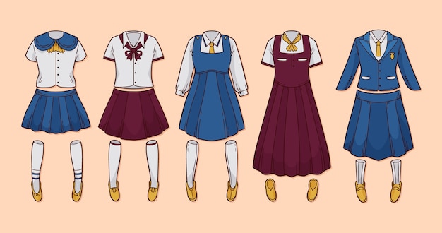 Collection d'éléments d'uniformes scolaires dessinés à la main